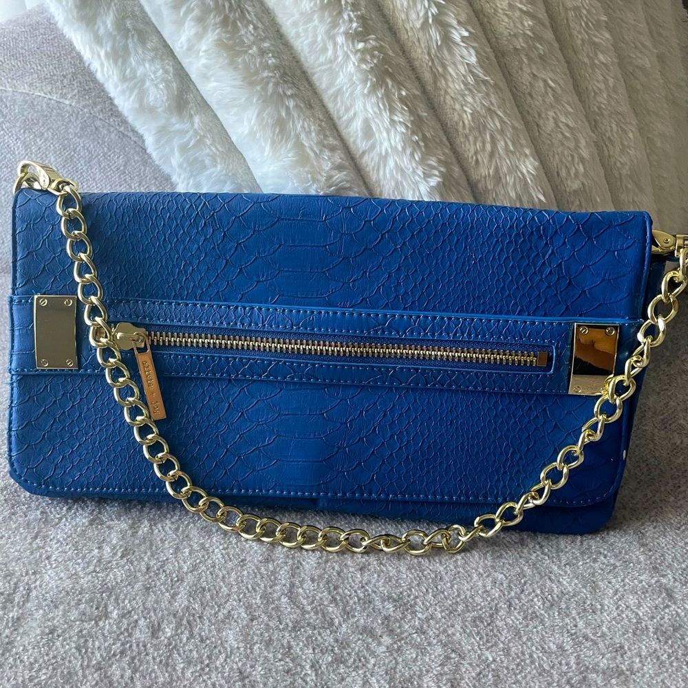 Olivia + Joy Blue Crocodile Print Clutch Handbag